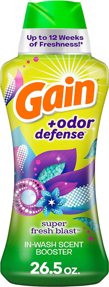 Gain + Odor Defense Laundry Scent Booster Beads for Washer, Super Fresh Blast Scent, 26.5 oz, HE Compatible