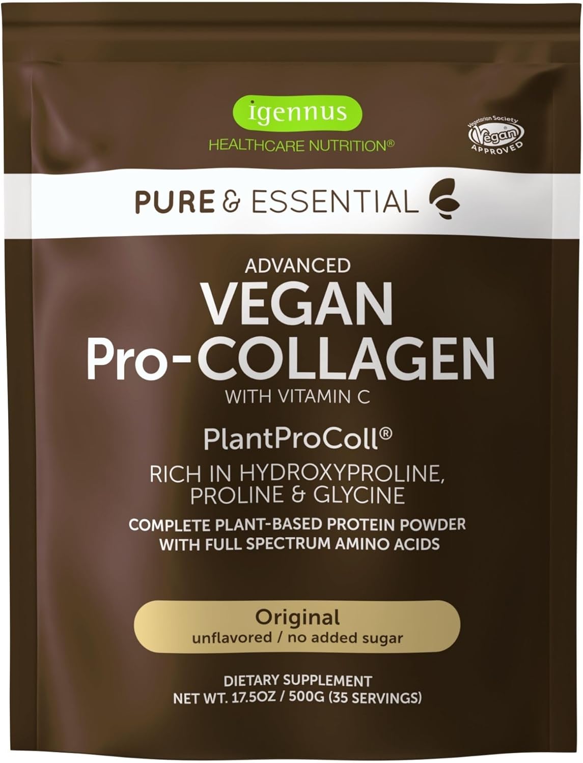 Pure & Essential Vegan Collagen Peptide Powder, Enhanced With Glycine, Proline & Hydroxyproline & Cofactor Vitamin C, Non Gmo, Complete Vegetarian Plant Based Collagen Powder Booster, 35 Servings