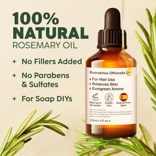 Kukka Rosemary Oil For Hair - 100% Natural Rosemary Hair Oil Rosemary Essential Oils For Skin Diffuser & Aromatherapy - Soap Making Scent & Diy (4 Fl Oz)