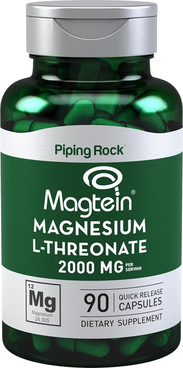 Magnesium L-Threonate 2000mg | 90 Capsules | with Magtein | Non-GMO, Gluten Free Supplement | by Piping Rock