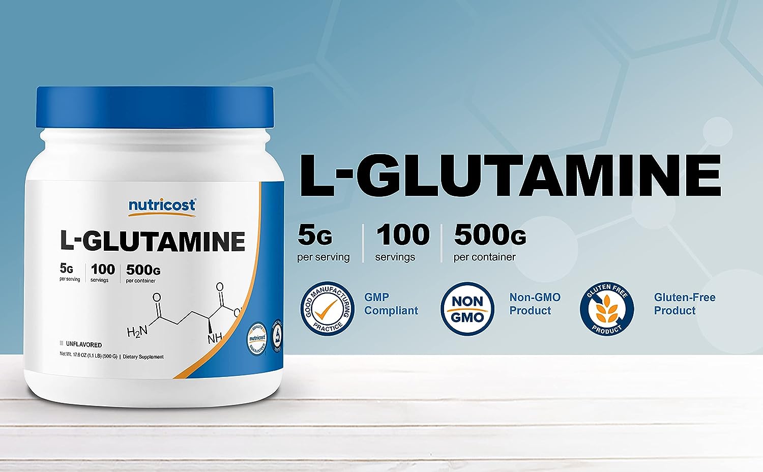 Nutricost L-Glutamine Powder (500 Grams) Unflavored - Gluten Free & Non-GMO, 100 Servings