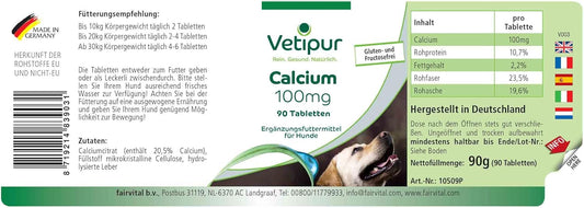 Vetipur Calcium Citrate 100mg, Feed Supplement for Dogs, 90 Tablets, for Bones, Teeth and Muscles