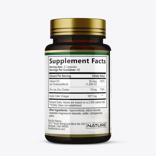 Built By Nature Apple Cider Vinegar Capsules 1877Mg With Vitamin D And Zinc – Immune & Digestion Support – Acetic Acid Acv Supplement For Men And Women - 120 Pills
