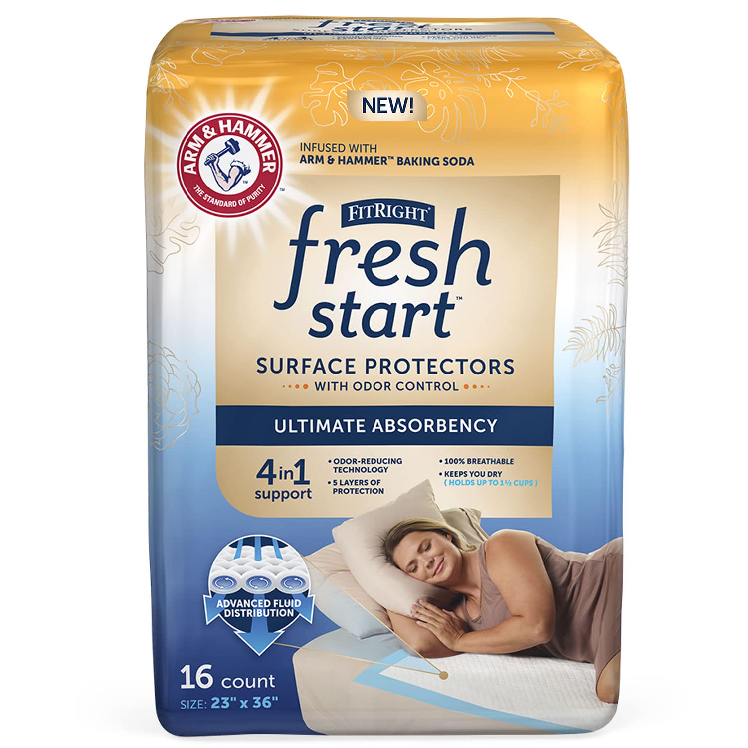 FitRight Fresh Start Disposable Underpads 23" x 36" (64 Count) Bed Pads for Incontinence, Absorbent Chucks Pads with The Odor-Control Power of ARM & Hammer (16 Count, Pack of 4)