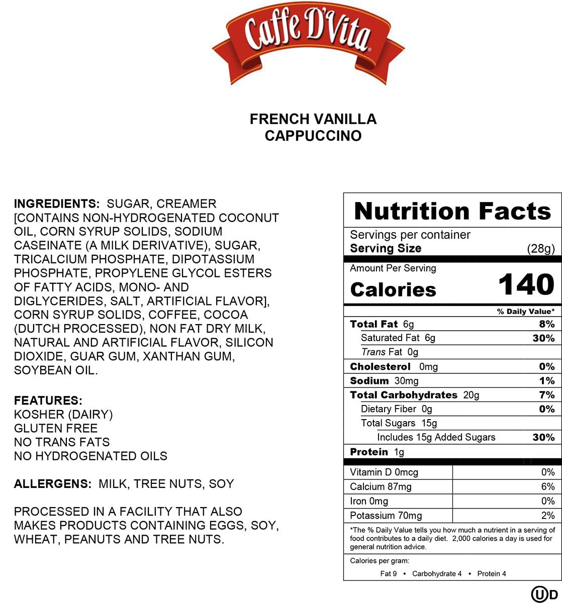 Caffe D’Vita French Vanilla Cappuccino Mix - Instant Cappuccino Mix, French Vanilla Instant Coffee, Gluten Free, No Cholesterol, No Hydrogenated Oils, 99% Caffeine Free - 3 Lb Can