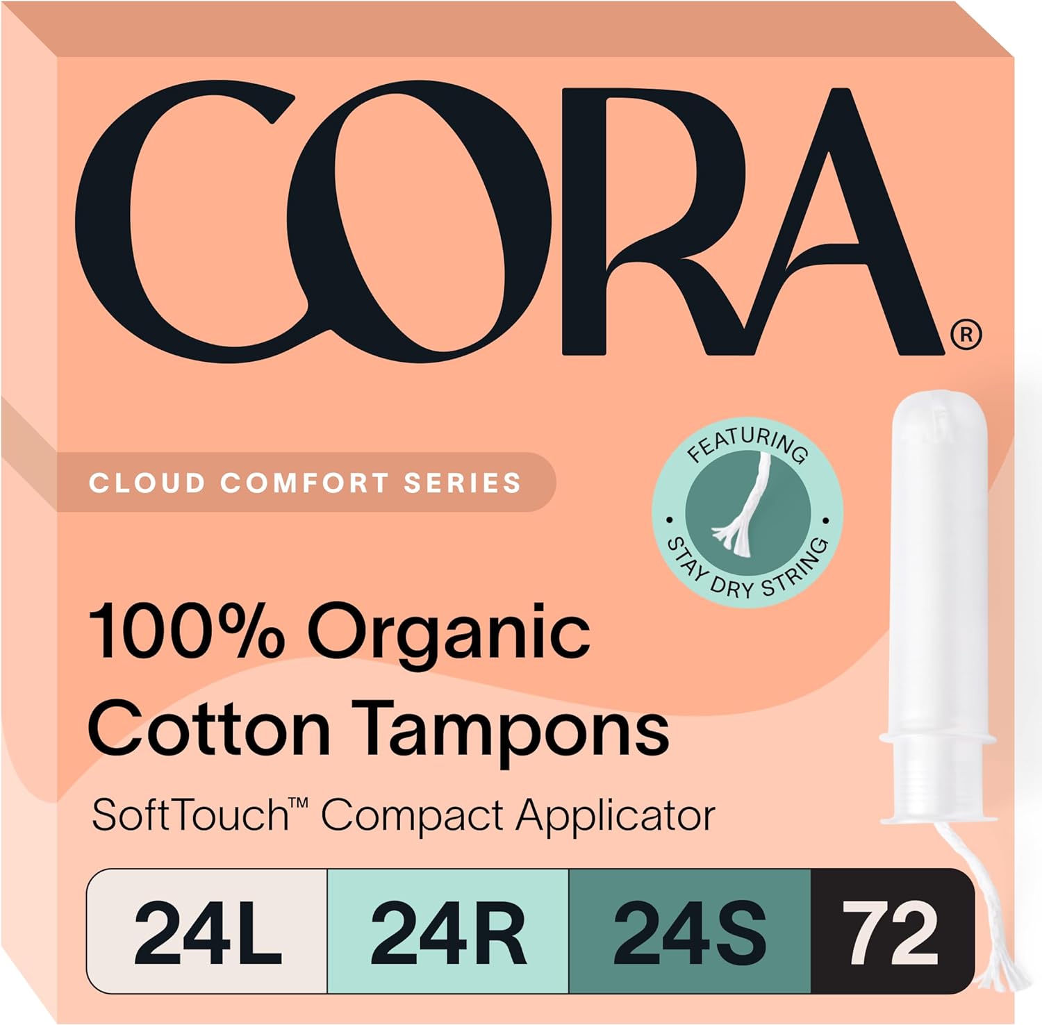 Cora Organic Applicator Tampon Multipack | 24 Light, 24 Regular, 24 Super Absorbency | 100% Organic Cotton, Unscented, BPA-Free Compact Applicator | Packaging May Vary | 72 Total