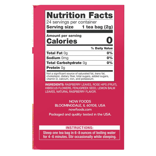 Now Foods, Women'S Righteous Raspberry Tea, Floral Bouquet Of Raspberry Leaves, Hibiscus And Rose Hips, Caffeine-Free, Premium Unbleached Tea Bags With No-Staples Design, 24-Count