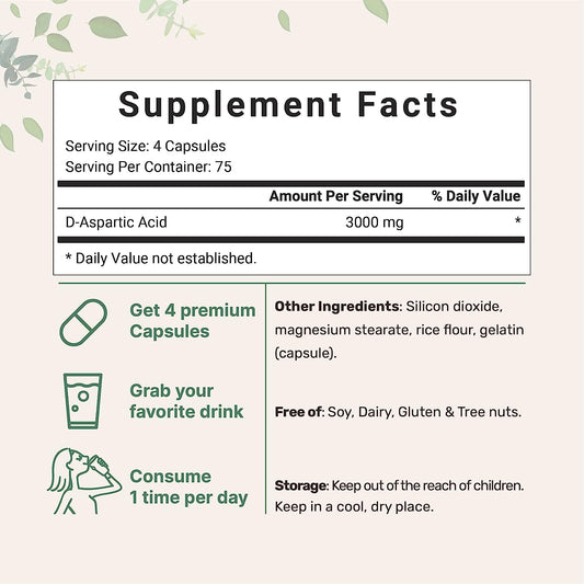 Micro Ingredients D Aspartic Acid Pills, DAA Supplement, 3000mg Per Serving, 300 Capsules, Premium D Aspartic Acid, Non-GMO