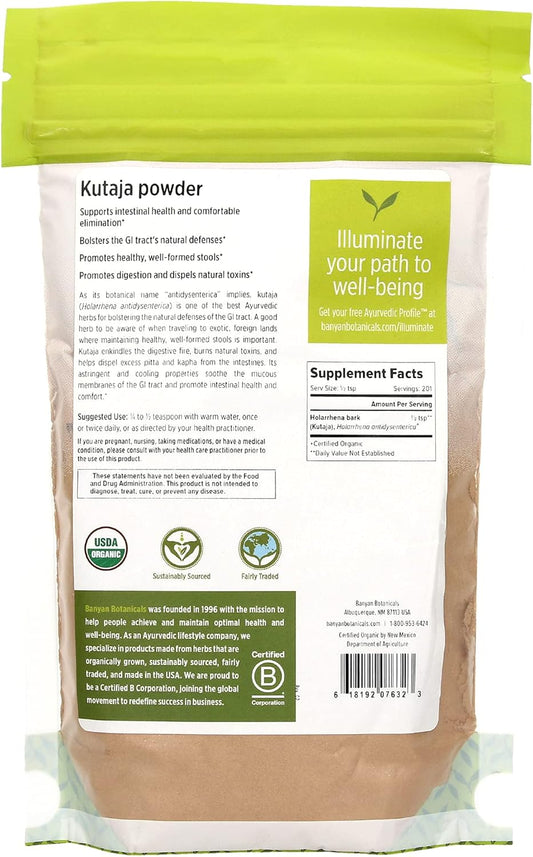 Banyan Botanicals Kutaja Powder - Certified Organic, 1/2  - Holarrhena antidysenterica - Supports a Healthy GI Tract and The Proper Function of The Colon
