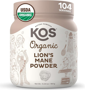 Kos Organic Lion'S Mane Powder - Natural Nootropic Superfood - Vegan Functional Mushroom, Plant Based, Usda Certified, Non-Gmo, Soy & Gluten-Free - 104 Servings