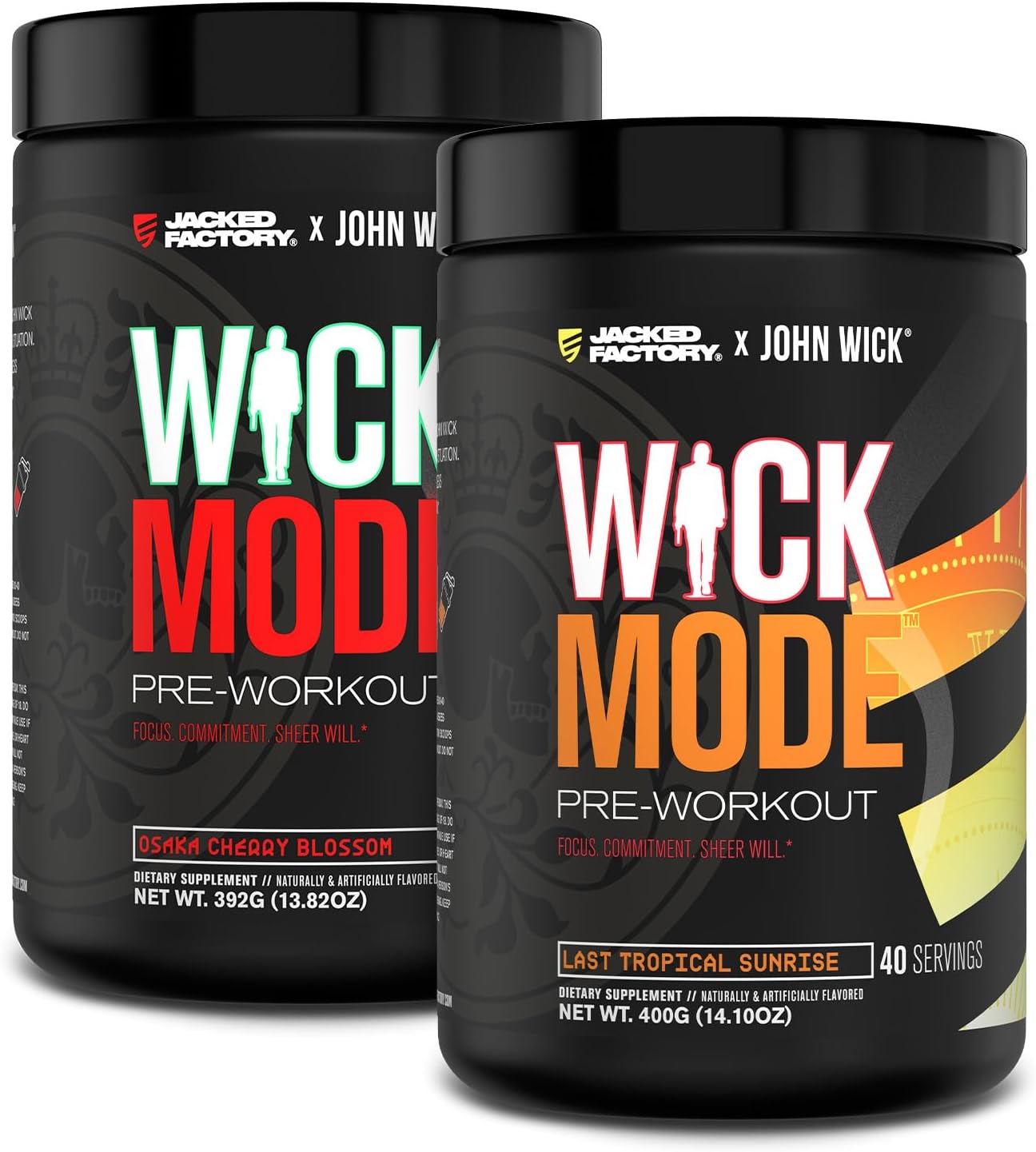 Jacked Factory X John Wick - Wick Mode Pre Workout Powder - Intense Energy, Battle-Ready Focus, Unstoppable Commitment, And Sheer Will - Last Tropical Sunrise & Osaka Cherry Blossom (80 Servings)