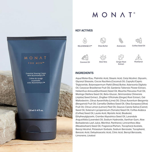 MONAT For Men Essential Shaving Cream - Natural Shaving Cream Includes Shea Butter, Coconut Oil, Aloe Vera, Ginger Root Extract, Panthenol, Avena Care & Coffee Seed Oil - Net Wt. 120 ml / 4 fl. oz