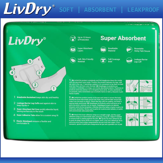 LivDry MegaBriefs Adult Diapers with Tabs, Max 12-Hour Capacity, Super Absorbent Incontinence Underwear, Leak Protection Briefs, Medium, 16-Pack