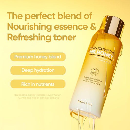 Banila Co Miss Flower & Mr Honey Propolis Rejuvenating Essence Toner | Hydrating Toner With Propolis Extract & Royal Jelly | Hydrating Korean Skincare For Youthful Radiance (190Ml / 6.42 Fl Oz)
