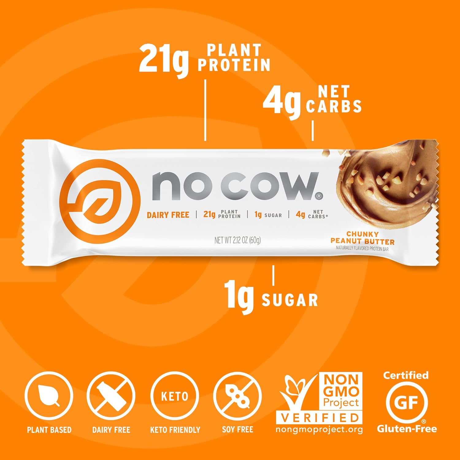 No Cow High Protein Bars, Chunky Peanut Butter - Healthy Snacks, 20g Vegan Protein, High Fiber, Low Sugar, Keto Friendly, Dairy & Gluten Free (12 Count) : Health & Household