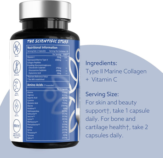 Edible Health Hydrolysed Type Ii Marine Collagen Capsules – 1025Mg Type Ii Collagen With Hyaluronic Acid & Vitamin C, High-Strength Skin & Joint Health Supplement For Women & Men – 60 Capsules