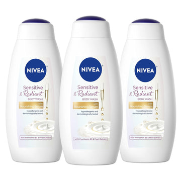 Nivea Sensitive and Radiant Body Wash with Nourishing Serum, Provitamin B5 and Pearl Extract, 3 Pack of 20 Fl Oz Bottles