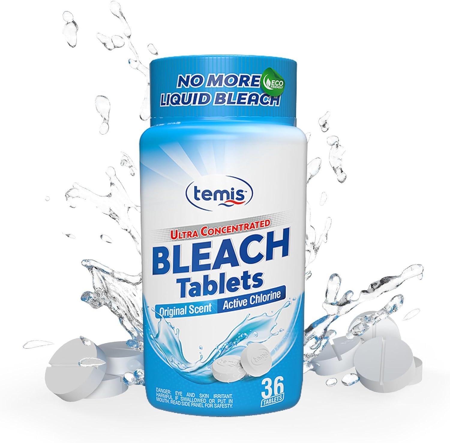 Temis Ultra Concentrated Bleach Tablets - Original Scent - 36ct for White Laundry, Toilet Tank, Bathroom