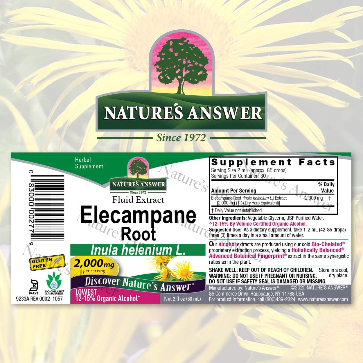 Nature's Answer Elecampane Root . Low Organic Alcohol 2000mg - Herbal Supplement - Non GMO & Kosher - Low Alcohol Gluten Free 100% Vegan - 2  