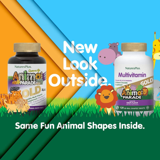 Natures Plus Animal Parade Gold Children'S Multivitamin, Grape Flavor - 120 Chewable Animal Shaped Tablets - Vegan, Gluten Free - 60 Servings