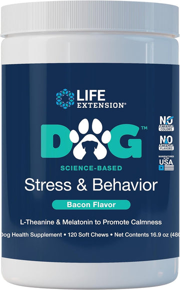 Life Extension Dog Stress & Behavior Soft Chews - Calming Dog Health Supplement - Promotes Relaxation, Calm Behavior And Stress Relief - Melatonin And L-Theanine -120 Soft Chews, Bacon Flavor