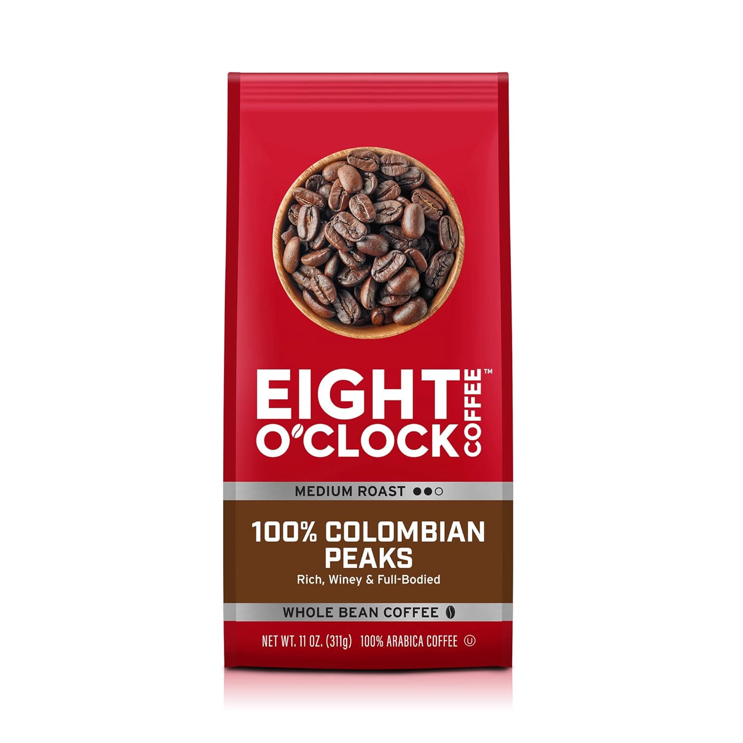 Eight O'Clock Coffee 100% Colombian Peaks & Arabica, 11 Ounce (Pack Of 6) Medium Roast Whole Bean Coffee, Rich & Winey