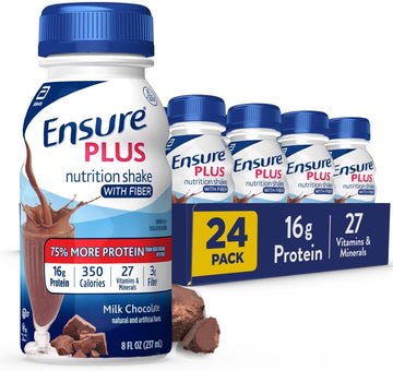 Ensure Plus Milk Chocolate Nutrition Shake With Fiber, Meal Replacement Shake, 24 Pack