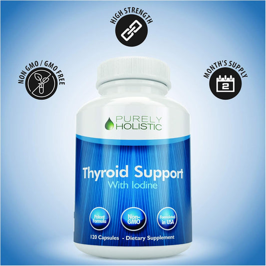 Purely Holistic Thyroid Support Supplement With Iodine - 120 Capsules - 2 Month Supply - With L-Tyrosine, B12, Magnesium, Ashwagandha, Kelp & More - Formulated For Women - Non Gmo