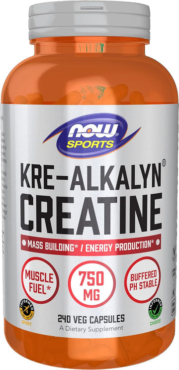 NOW Sports Nutrition, Kre-Alkalyn Creatine 750 mg, Mass Building*/Energy Production*, 240 Veg Capsules