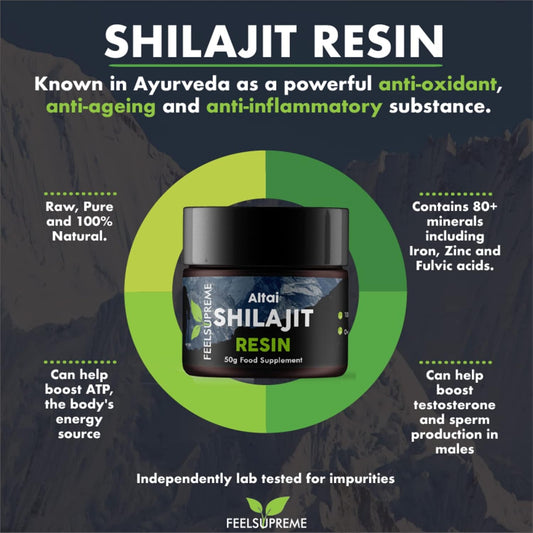 Feel Supreme - Natural Black Altai Shilajit Resin - 100% Pure Shilajit, Additive Free, 80 Trace Minerals Including Magnesium, Fulvic Acid, And Zinc Ethically Sourced, Shilajit For Men And Women - 50G