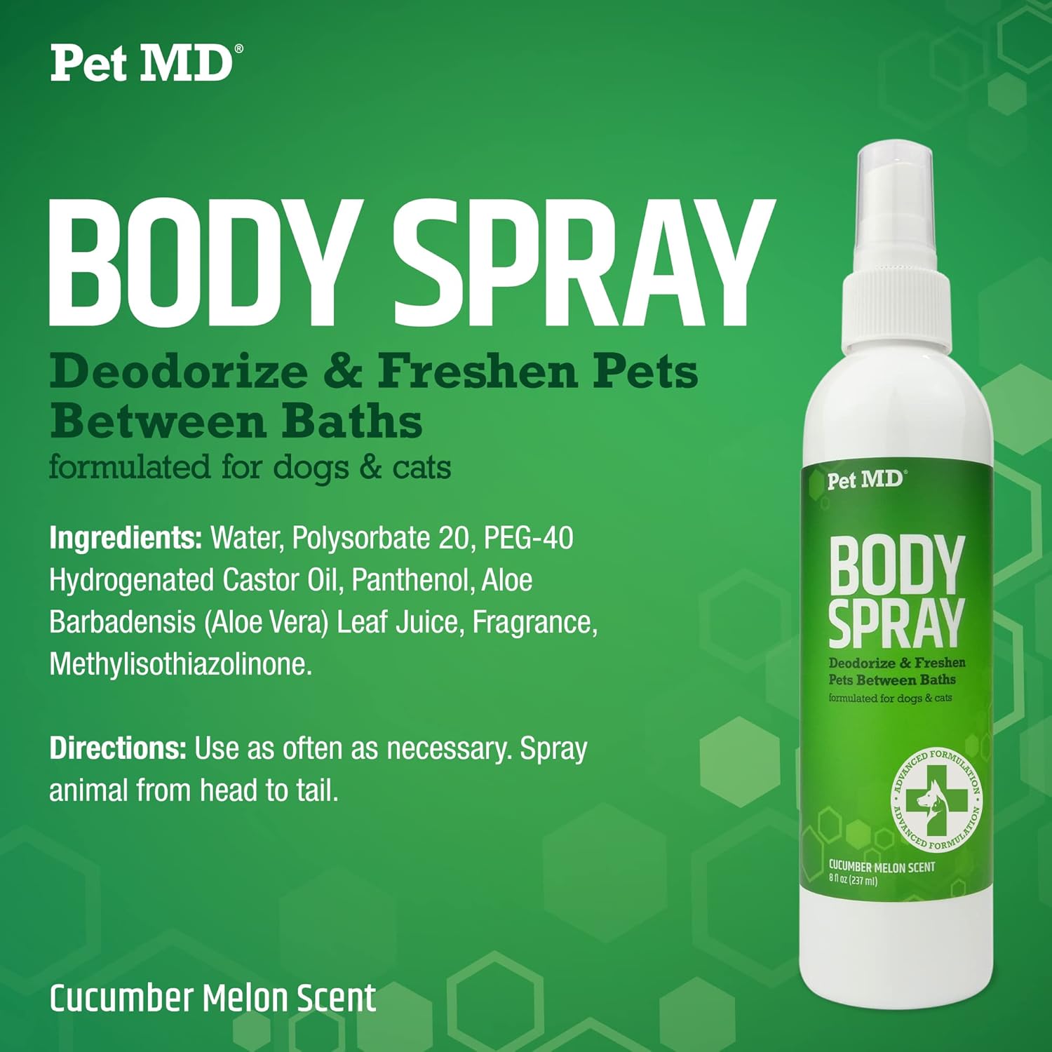 Pet MD Body Spray for Dogs & Cats - Deodorizing Dog Perfume Reduces Static & Eliminates Odor - Long-Lasting Pet Cologne Spray for Dogs - Cucumber Melon Scent - 8 oz : Pet Supplies