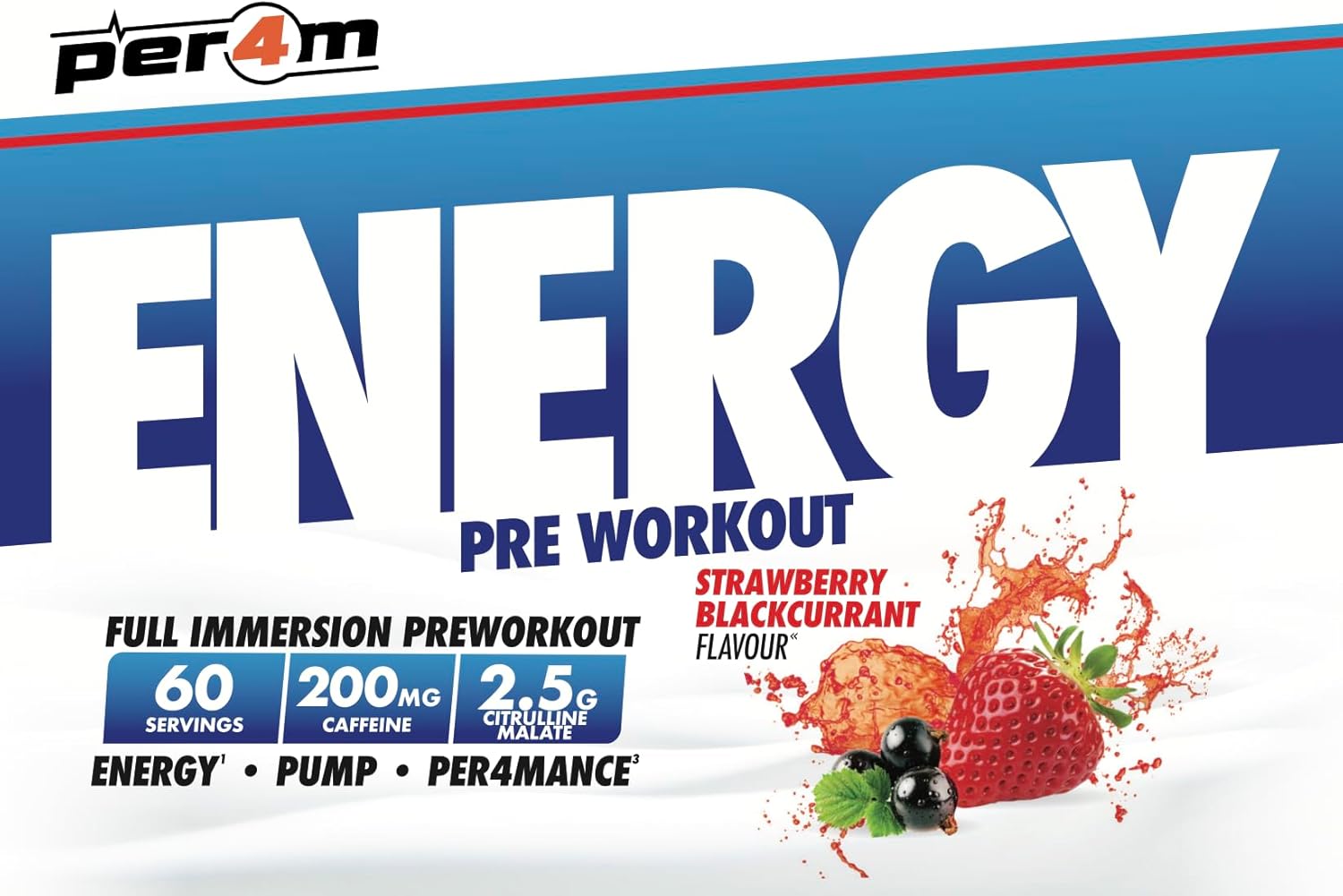 Per4m Energy Pre Workout with Amino Acids | Caffeine, Tyrosine, Citrulline & Theobromine | Endurance, Focus & Sustained Power | 60 Servings (390g, Strawberry Blackcurrant) : Amazon.co.uk: Health & Personal Care
