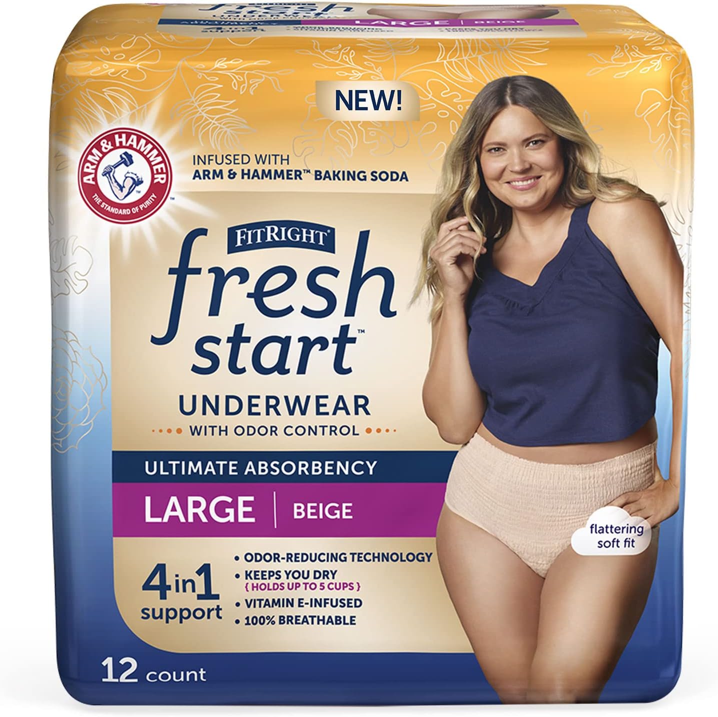 Fitright Fresh Start Incontinence And Postpartum Underwear For Women, Large, Beige (12 Count) Ultimate Absorbency, Disposable Underwear With The Odor-Control Power Of Arm & Hammer