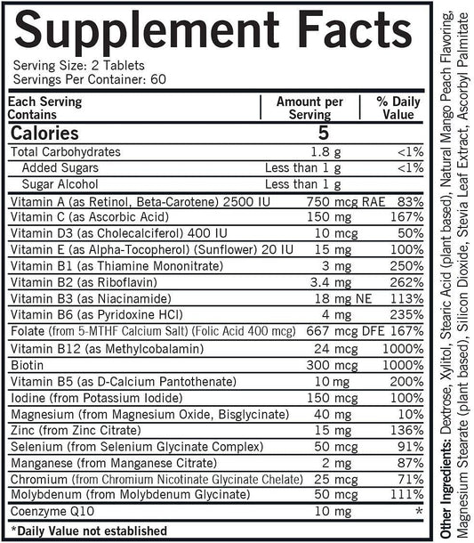 Kirkman - Children'S Multivitamin & Mineral Chewable With 5-Mthf - 120 Capsules - Potent Broad-Spectrum Vitamin/Mineral Supplement - With Coenzyme Q-10 - Natural Mango Peach Flavor