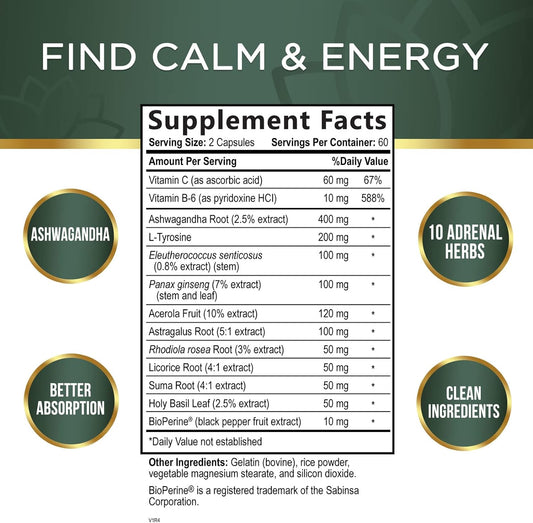 Adrenal Support Supplements & Cortisol Manager with Ashwagandha and 10 Herbs & Nutrients to Support Adrenal Function, Cortisol Health, Energy Levels, Stress & Relaxation Support & Sleep - 120 Capsules