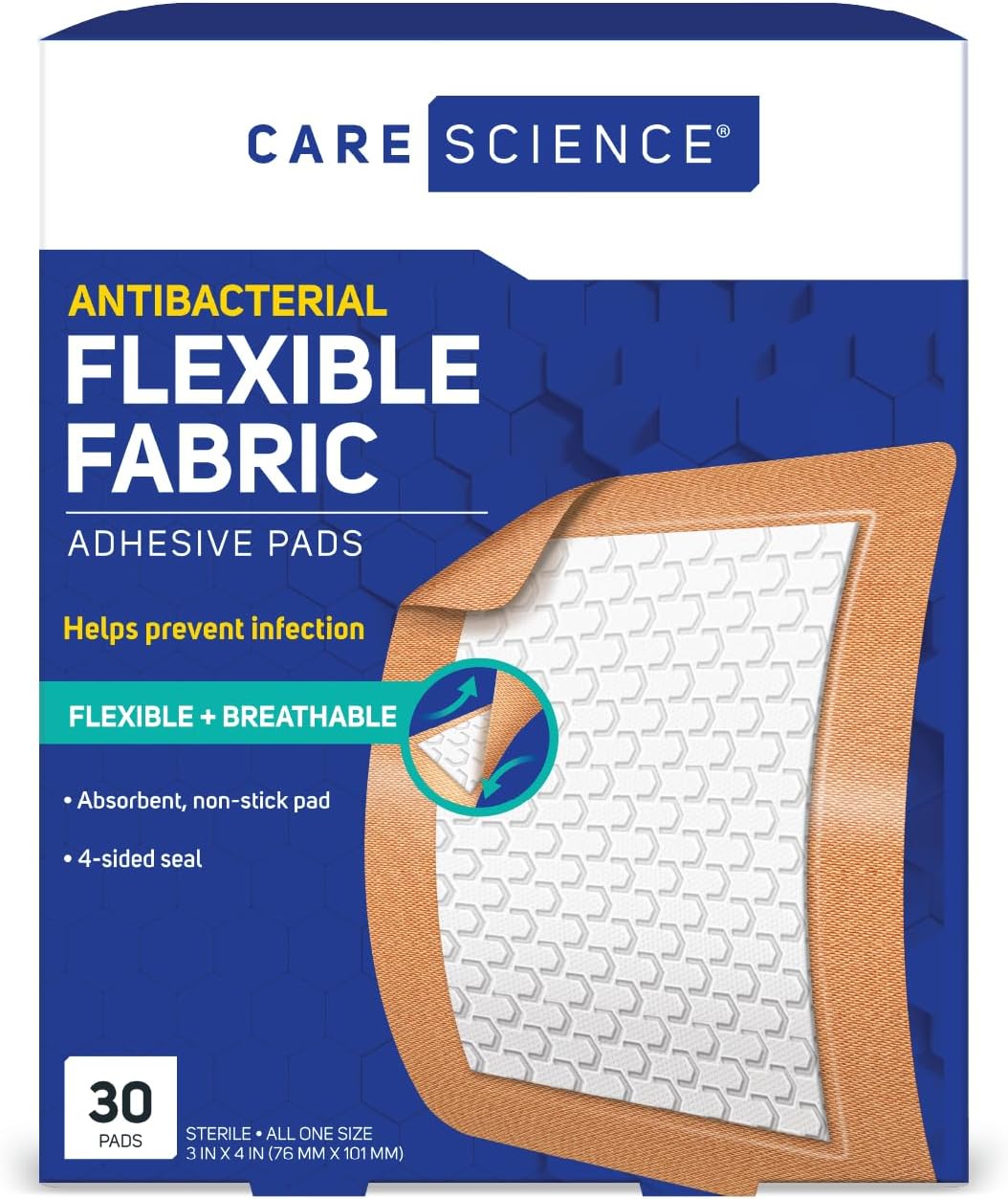 Care Science Fabric Adhesive Pad Bandages, 3X4 Inches Extra Large Flexible Non-Stick Strip, Helps Prevent Infection, Breathable Protection, For First Aid & Wound Care, 30 Count