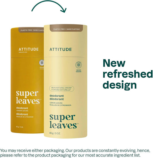 Attitude Plastic-Free Deodorant, Ewg Verified, Aluminum Free, Vegan Naturally Sourced Body Deodorants For Women & Men, Dermatologically Tested, Lemon Leaves, 85 Grams
