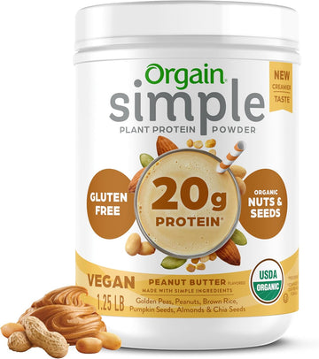 Orgain Organic Simple Vegan Protein Powder, Peanut Butter - 20G Plant Based Protein, With Less Ingredients, No Artificial Sweeteners, Gluten Free, No Lactose Ingredients, 1.25 Lb (Packaging May Vary)