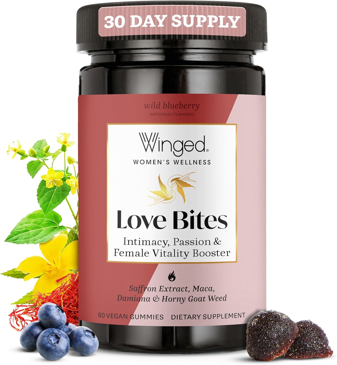 Winged Wellness Love Bites - In The Mood Organic Gluten Free, Non Gmo Formula Designed By Women For Women - Stress Management + Feeling Hot Energy - 50 Ct