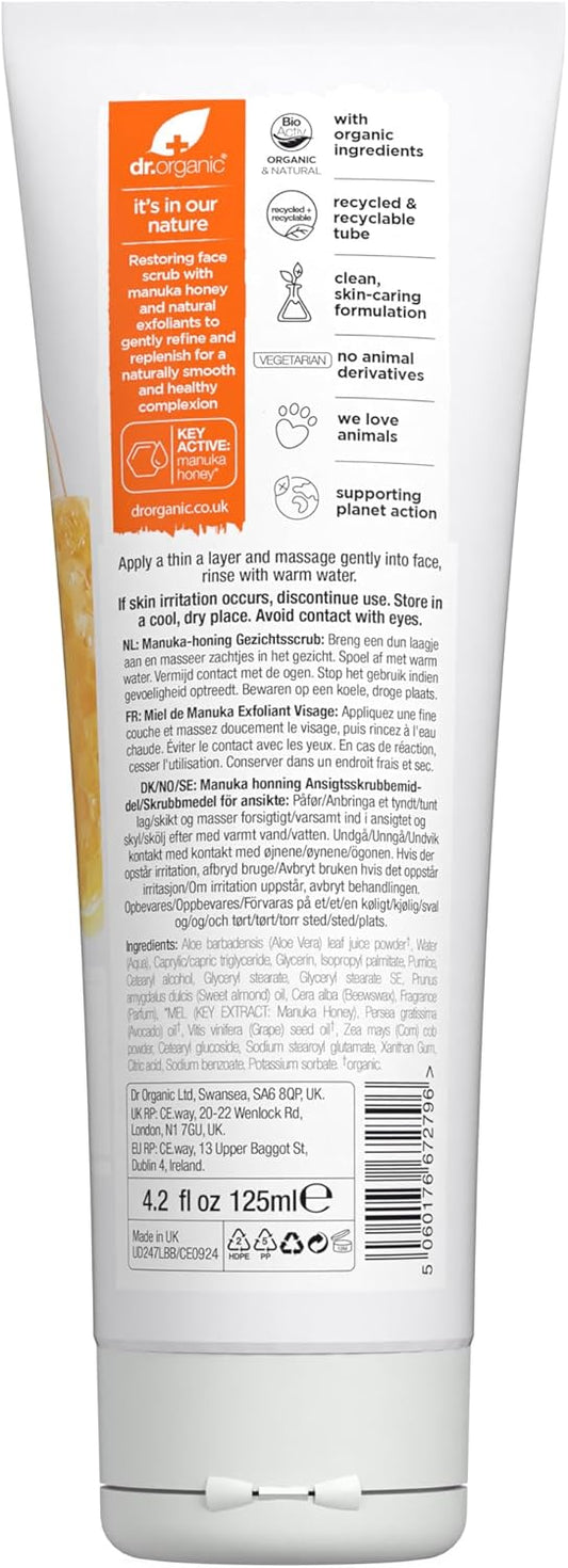 Dr. Organic Manuka Honey Face Scrub | Deep Cleansing And Exfoliating For Dry Skin, Removes Impurities And Excess Oil, Moisturizing, Certified Organic, Paraben & Sls-Free, Natural, 125 Ml / 5 Fl Oz