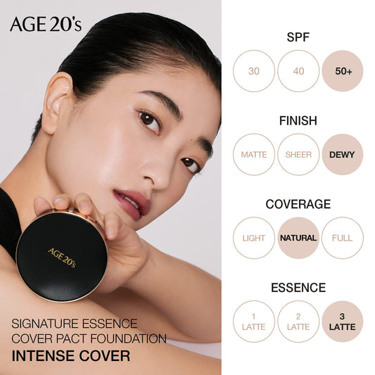 AGE 20's Signature Intense Sunscreen SPF 50+ Foundation, Natural Coverage, Cushion Korean Makeup, 71% Essence Natural Dewy Finish, Refill Included, 23 Medium Beige (0.49  x2 ea)