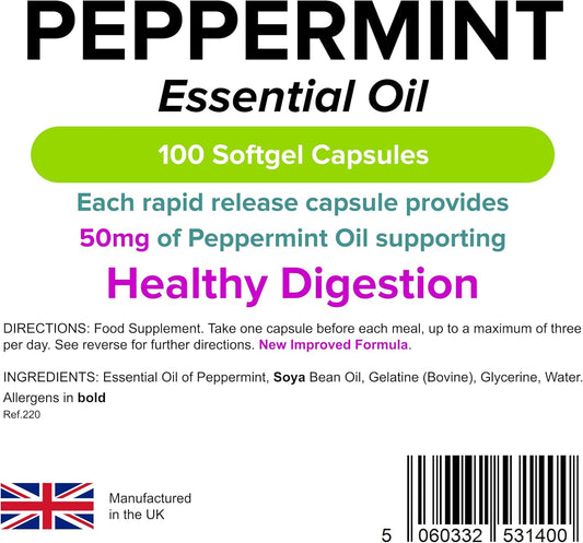 Lindens - Peppermint Oil 50Mg Capsules - 100 Pack - Uk Made - Essential Oil Of Peppermint Supporting Healthy Digestion - Letterbox Friendly