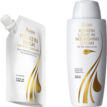 Vitamins Keratin Thin Hair Leave-In Conditioner and Hair Mask Travel Kit - Ultra Hydrating No Rinse Cream and Deep Conditioning Hair Mask for Thin Fine Hair - Pro Salon Care for Dry Damaged Hair