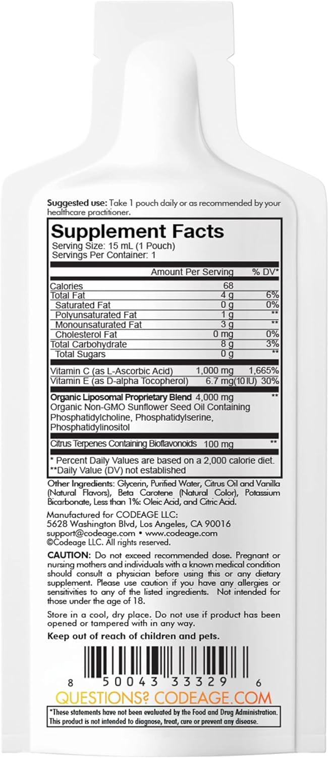 Codeage Liposomal Vitamin C Liquid 1000mg Vitamin C, 4000mg Essential Phospholipids, Supplement For Daily Immune Support, Liposomes For Absorption, Citrus Bioflavonoids, Vitamin E, Non-GMO, 32 Pouches : Health & Household