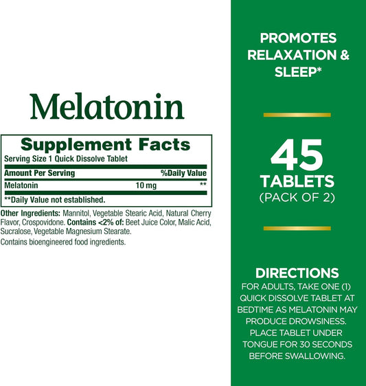 Nature'S Bounty Melatonin Quick Dissolve Tablet, Sleep Support, 10 Mg, Tablets, 45 Count (Pack Of 2)