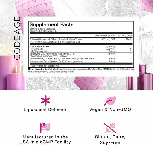 Codeage Liposomal Ovarian Inositol + Supplement - Myo-Inositol, D-Chiro-Inositol, Folate & Coq10 Phytosome, 40:1 Blend For Hormonal Balance And Fertility Support, Vegan, Non-Gmo, 120 Capsules