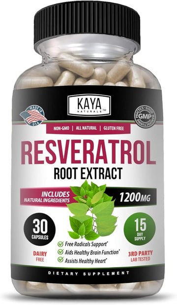 Kaya Naturals - Resveratrol Capsules - Anti Aging Supplement - Antioxidants With Brain Support - Maximum Benefits - 30 Veggies Capsules