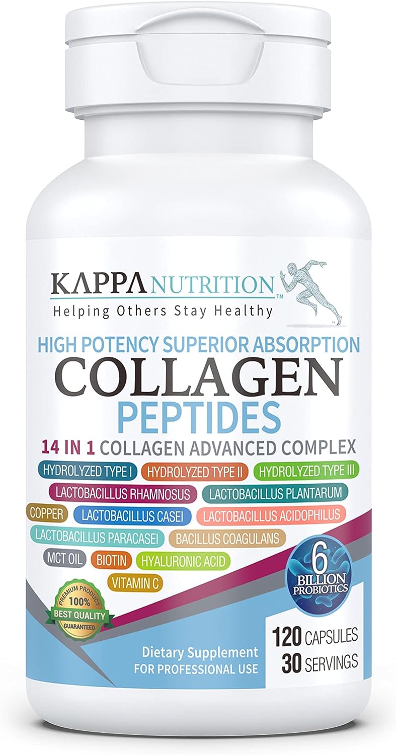 Kappa Nutrition Collagen Type I, Ii, Iii, 6 Billion Probiotics Acid Resistance, (120 Capsules), Hyaluronic Acid, Vitamin C, Biotin & Mct Oil, Hair, Nails, And Skin, Collagen Peptides 14 In 1 From