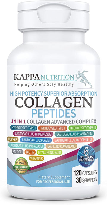 Kappa Nutrition Collagen Type I, Ii, Iii, 6 Billion Probiotics Acid Resistance, (120 Capsules), Hyaluronic Acid, Vitamin C, Biotin & Mct Oil, Hair, Nails, And Skin, Collagen Peptides 14 In 1 From