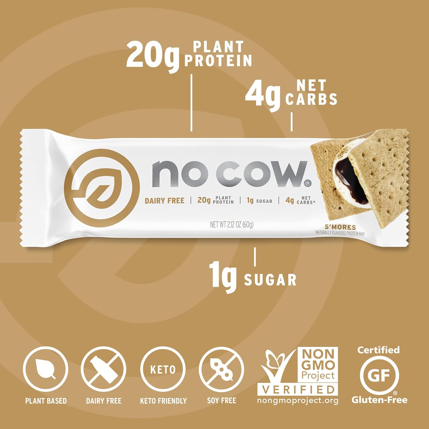 No Cow High Protein Bars, S'Mores - Healthy Snacks, 20g Vegan Protein, High Fiber, Low Sugar, Keto Friendly, Dairy & Gluten Free (12 Count) : Health & Household